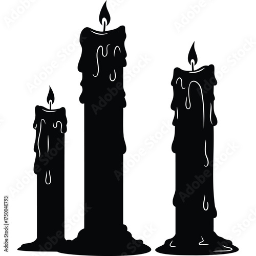 A silhouette of three black candles with dripping wax and flames creating a spooky and eerie atmosphere