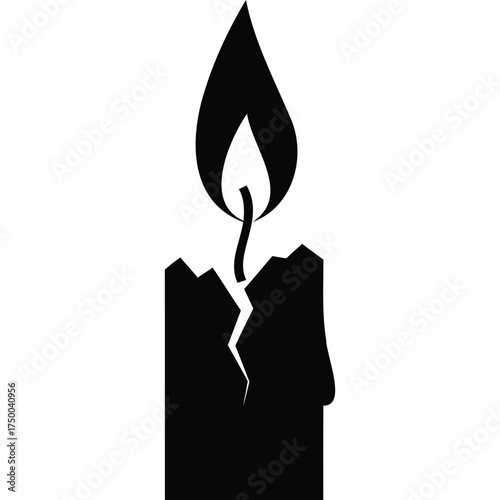 A simple black and white graphic of a candle with a flame and a crack running down the side of the candle silhouette