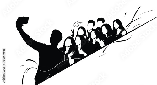 Diverse group of friends joyfully taking a selfie together, capturing a moment of shared happiness.