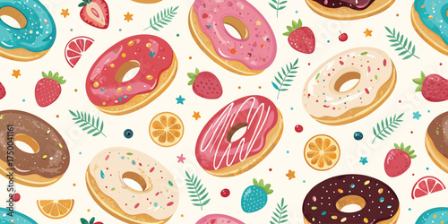 Appetizing Seamless Pattern of Colorful Donuts with Glaze and Sprinkles – Sweet Dessert Background for Cafe, Bakery, and Food Packaging Design