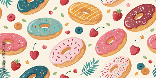Appetizing Seamless Pattern of Colorful Donuts with Glaze and Sprinkles – Sweet Dessert Background for Cafe, Bakery, and Food Packaging Design