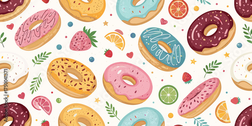 Appetizing Seamless Pattern of Colorful Donuts with Glaze and Sprinkles – Sweet Dessert Background for Cafe, Bakery, and Food Packaging Design