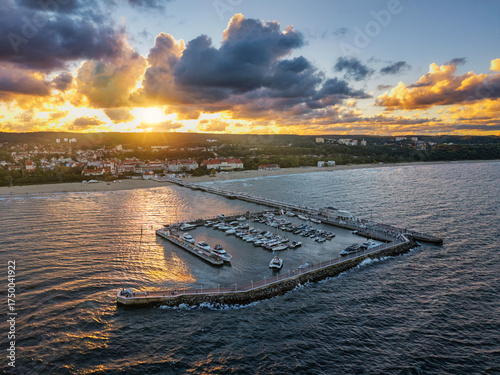 Fototapeta Naklejka Na Ścianę i Meble -  Beautiful architecture of Sopot city by the Baltic Sea at sunset, Poland.
