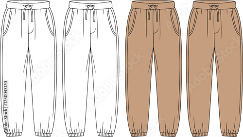 Basic jogger pants cad drawing, flat vector illustration, front and back view, technical fashion sketch, clothing design, editable outline, template