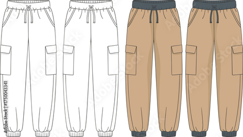 Cargo jogger pants cad drawing, flat vector illustration, fashion technical sketch, front and back view, editable outline, streetwear fashion template