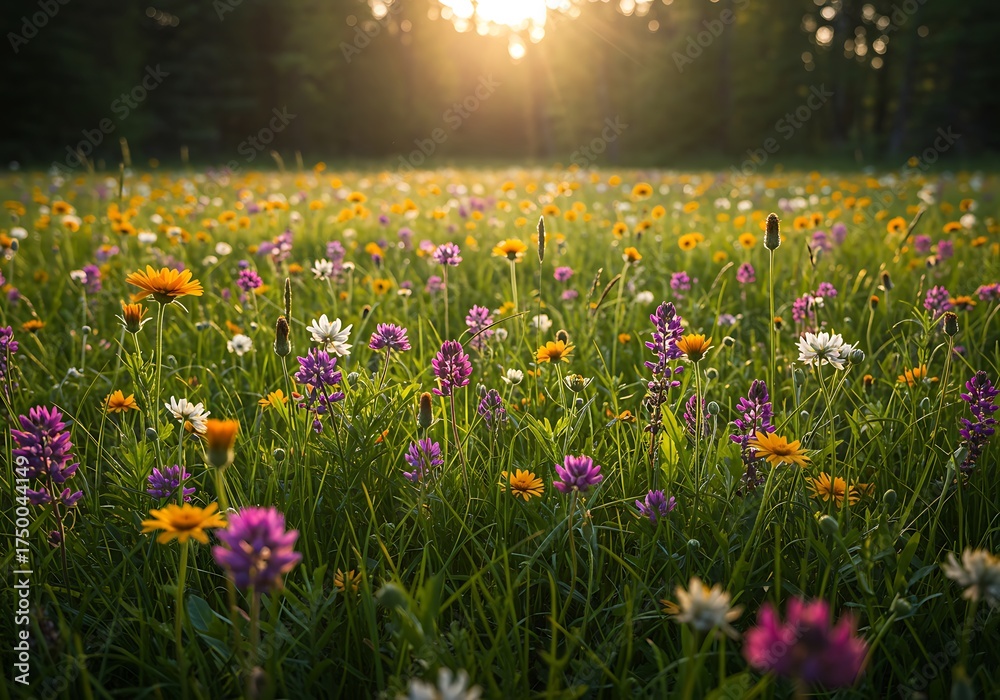 Obraz premium Beautiful meadow filled with colorful wildflowers under a warm, glowing sunset.