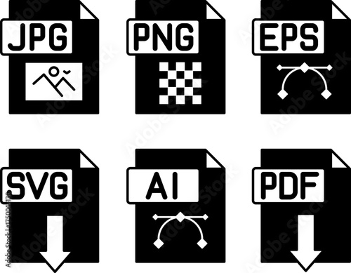 Black File Icons JPG, PNG, EPS, SVG, AI, and PDF. Vector Illustrations of Documents in Various Formats. For Apps, Advertising, Websites, Buttons, UI, UX Interfaces, Isolated on White Background