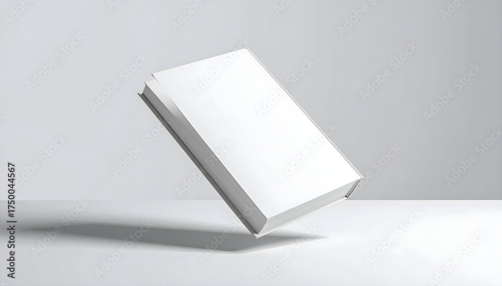 Fototapeta premium Minimalist White Book Cover Mockup Floating in Studio Lighting for Novel or Textbook Design Presentation