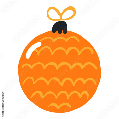 Christmas ornament, tree decoration, bauble, ball isolated on transparent. Hand drawn flat vector illustration. Traditional holiday, Xmas, New Year, seasonal design element, clip art