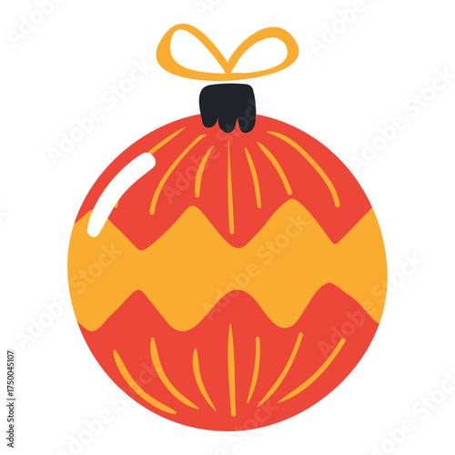 Christmas ornament, tree decoration, bauble, ball isolated on transparent. Hand drawn flat vector illustration. Traditional holiday, Xmas, New Year, seasonal design element, clip art