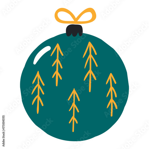 Christmas ornament, tree decoration, bauble, ball isolated on transparent. Hand drawn flat vector illustration. Traditional holiday, Xmas, New Year, seasonal design element, clip art