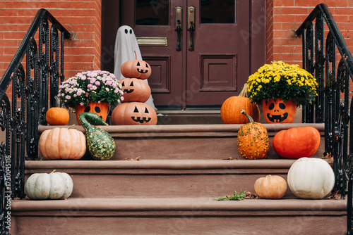 Colorful Halloween decorations on front steps with pumpkins and flowers in autumn