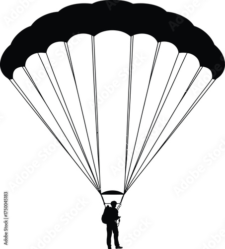 Silhouette of a parachutist descending with a parachute, isolated on white background