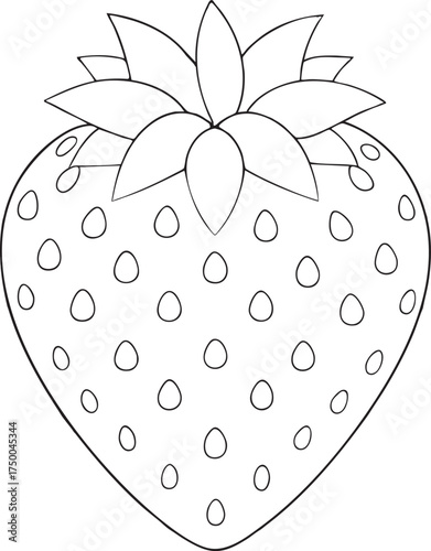 Simple outline drawing of fresh strawberry with green leaves and small seeds perfect for coloring book art and design