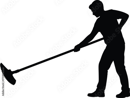 Silhouette of a man sweeping the floor with a broom, isolated on white background cleaning service
