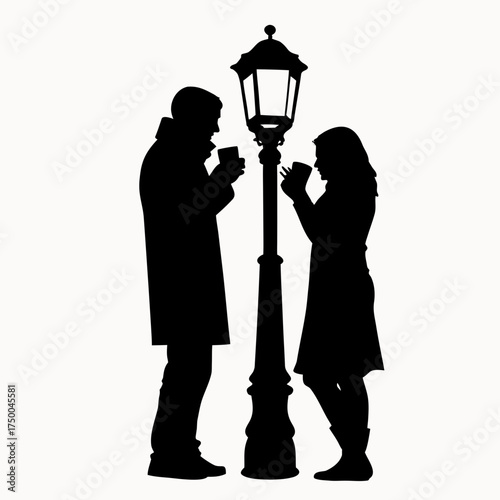 Silhouette of a couple drinking coffee by a vintage lamppost on a white background in a romantic scene