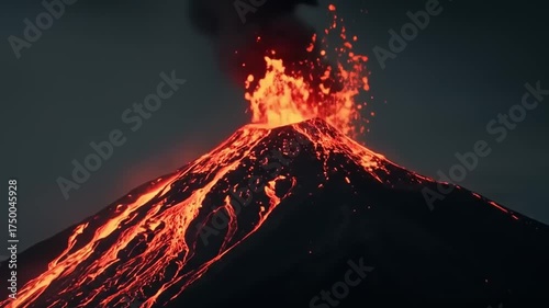 Erupting Volcano Spewing Lava Under Dark Sky