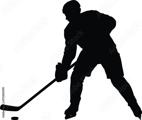 Silhouette of a hockey player in action, isolated on white background, showcasing skill and precision