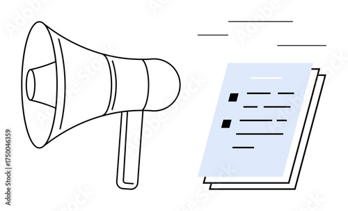 Megaphone amplifying message with flying documents representing ideas, communication, promotion, public speaking, teamwork, education, leadership. Ideal for branding, marketing awareness simple