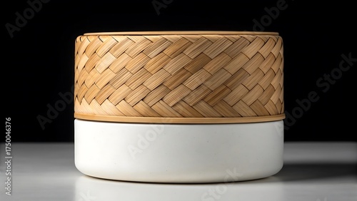 Traditional thai sticky rice bamboo steamer basket with white ceramic bowl on a reflective surface