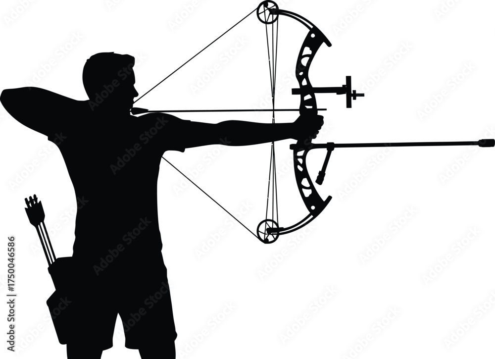 Obraz premium Silhouette of an archer aiming with a compound bow, isolated on white background, ready to shoot