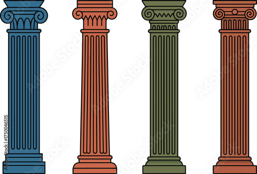 Four colorful ancient greek column isolated on white background in different style