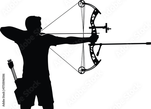 Silhouette of an archer aiming with a compound bow, isolated on white background, ready to shoot
