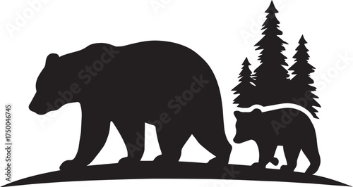 Black silhouette of bear and cub walking near pine trees