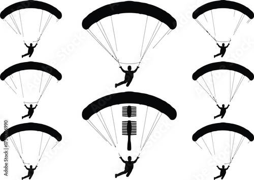 Silhouette of skydivers with parachutes isolated on white background, showing the thrill of freefall