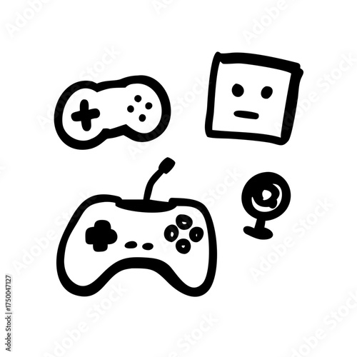 Hand drawn game controllers and webcam, doodle style