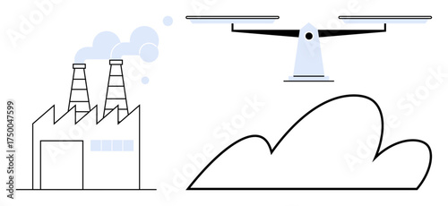 Industrial factory emitting smoke, hovering quadcopter inspecting emissions, and a cloud icon. Ideal for themes of innovation, sustainability, technology, environment, industry, monitoring