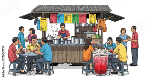 Vibrant Street Food Stall with Customers Enjoying Meals and Drinks.