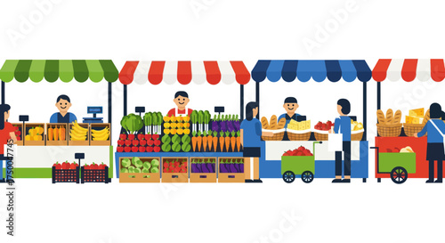 Colorful Outdoor Market Stalls with Vendors Selling Fresh Produce Flat Illustration.