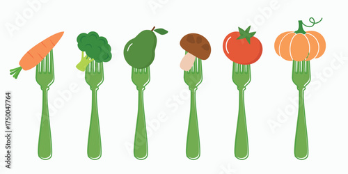 Green forks topped with cute veggies in a tidy row, carrot, broccoli, avocado, mushroom, tomato and pumpkin on white, playful flat clipart for healthy menu designs, nutrition posters and kitchen label