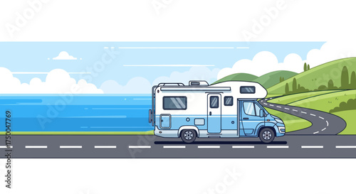 Blue and White RV Motorhome on Coastal Road Trip.