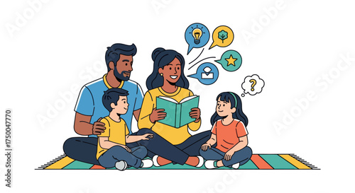 Family Reading Together: Parents and Children Enjoying a Storybook on a Colorful Mat.