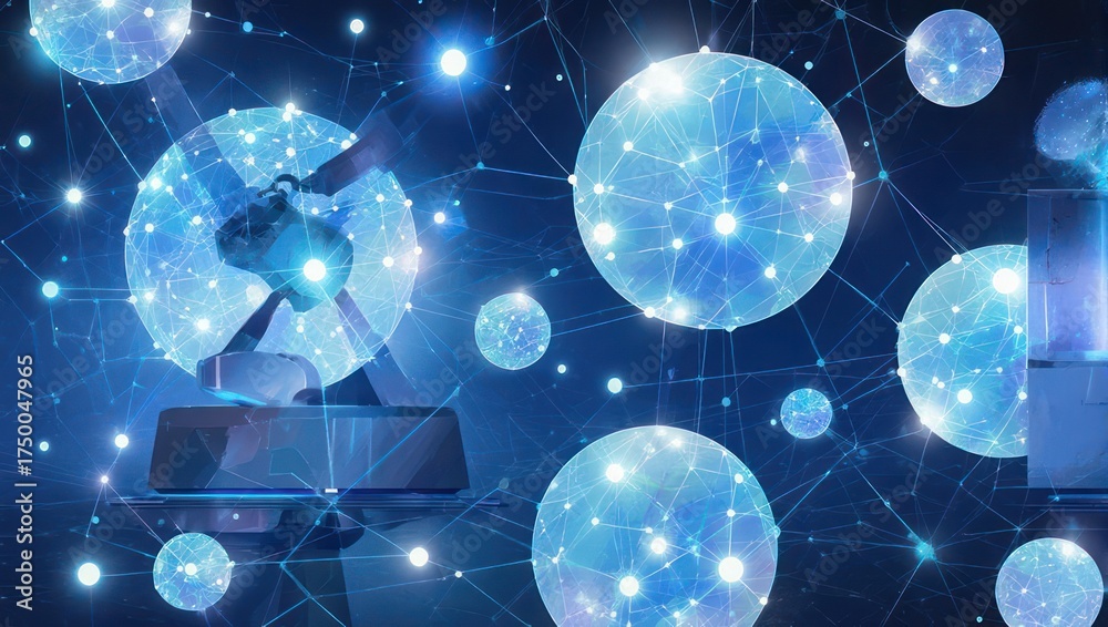 Obraz premium Spherical network clusters with connected nodes overlaying robotic arm imagery against a blue backdrop