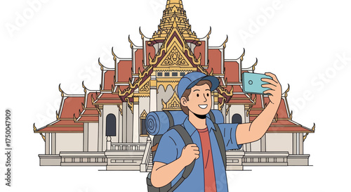 Tourist taking a selfie in front of a Thai temple wearing a blue shirt and backpack.