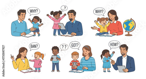 Diverse children and adults engaged in learning and asking questions.