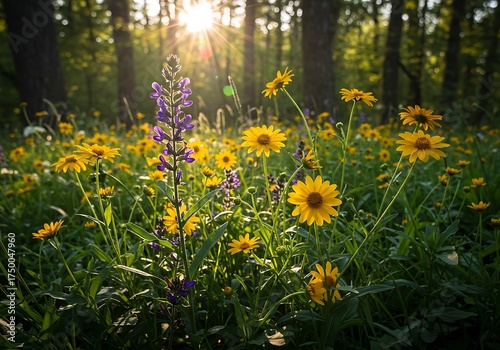 Golden hour sunlight illuminates a vibrant meadow of yellow and purple wildflowers at the edge of a lush green forest.