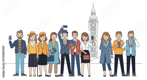 Diverse Group of People Posing with Big Ben Landmark in London.