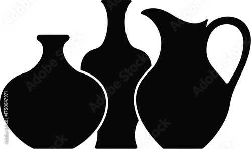 Silhouette of three vases isolated on white background, a jug, a bottle and a round vase, vector illustration