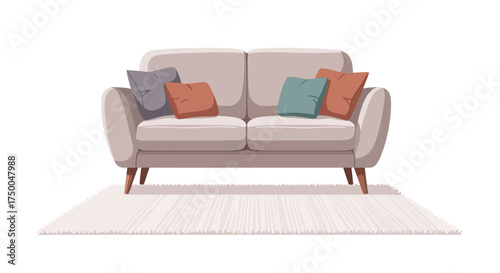 Comfortable Beige Sofa with Colorful Pillows on a Light Rug.