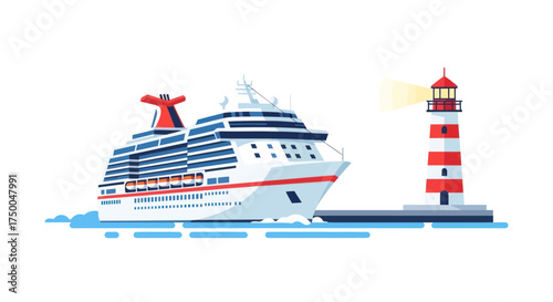 Modern white cruise ship with red funnel sailing past a classic red and white striped lighthouse on the water.