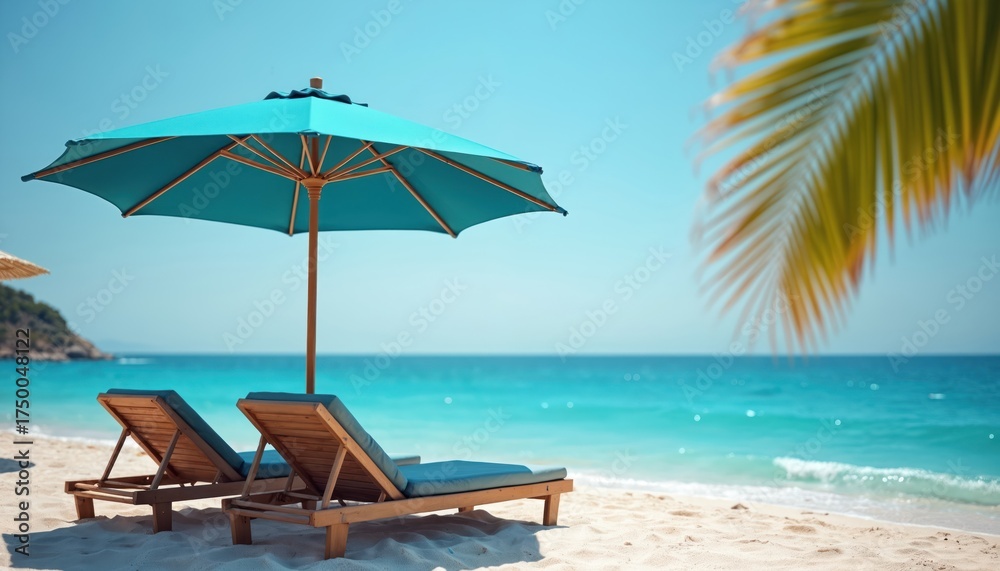 Obraz premium Two wooden beach loungers with blue cushions sit under turquoise umbrella on white sand beach. Clear blue ocean water gently laps shore under sunny sky. Blurred palm leaf hangs above, suggesting