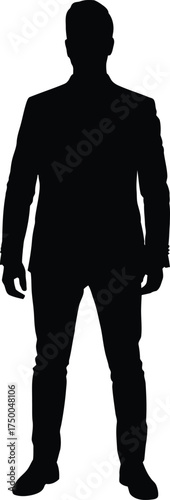 Silhouette of a man in a suit standing, isolated on white background, full length view