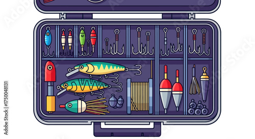 Open Tackle Box Filled with Assorted Fishing Lures Hooks and Floats.