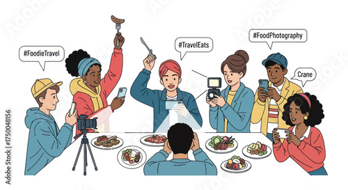 Group of people taking photos of food with smartphones and cameras at a table.