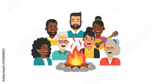Diverse group of people gathered around a campfire enjoying music and conversation.