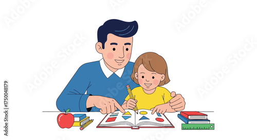 Cartoon illustration of a father teaching his young daughter shapes from a colorful book.